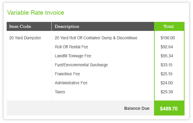 Sample Variable Rate Invoice for Dumpster Rental